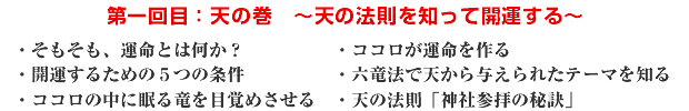 第一回目:天の巻 〜天の法則を知って開運する〜 ・そもそも、運命とは何か? ・ココロが運命を作る ・開運するための5つの条件 ・六竜法で天から与えられたテーマを知る ・ココロの中に眠る竜を目覚めさせる ・天の法則「神社参拝の秘訣」
